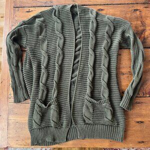 Green Knit Open Cardigan Tunic Length with Pockets